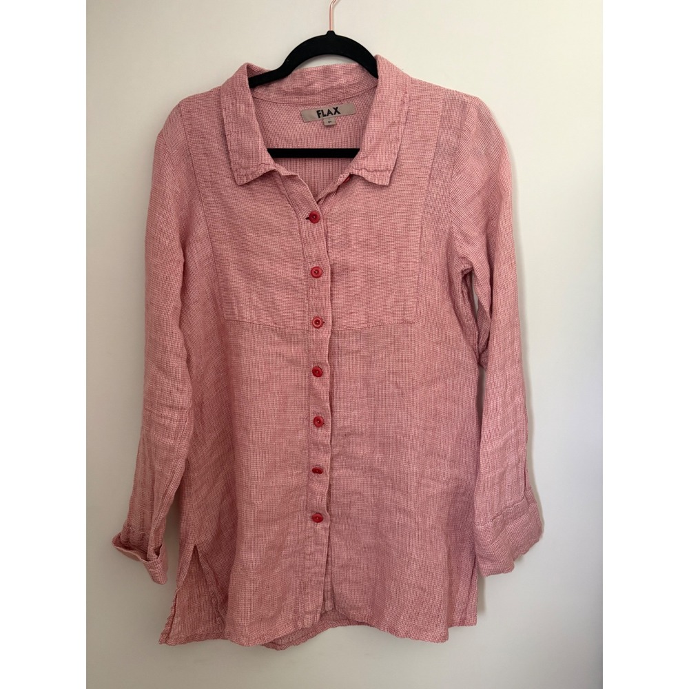 Flax Lagenlook Red White Button Down Shirt 100% Linen Size P Coastal Minimalist